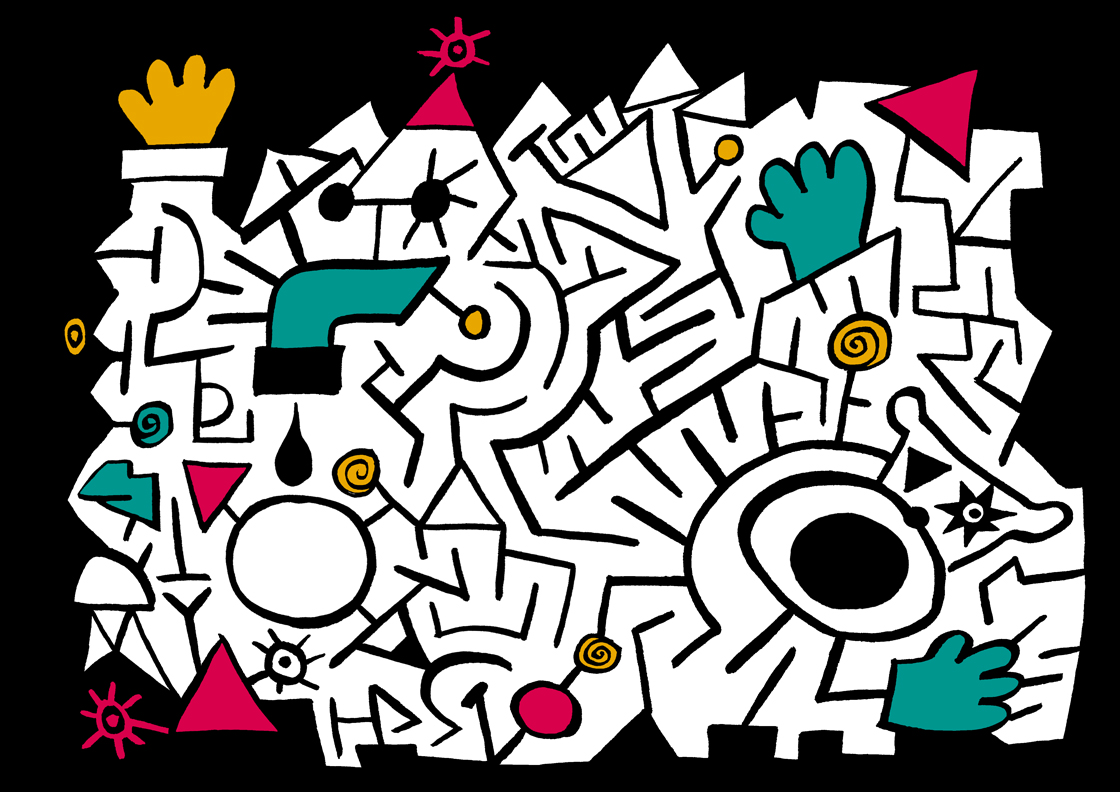 Buchillustration zu „Cronopien und Famen“ von Julio Cortázar im afro-kubanisch inspirierten Stil mit schwarz-weißen Figuren und farbigen Akzenten. Eine Art Labirinth ist zu sehen.